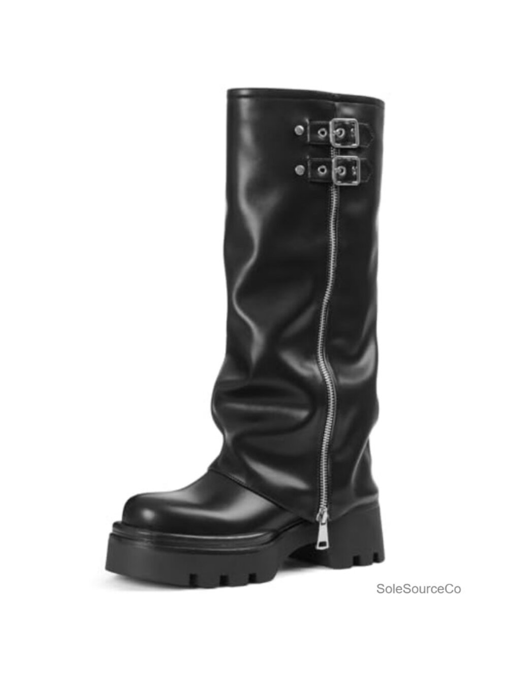 Faux Leather Knee-High Foldover Platform Moto Boots Chunky Block Heel